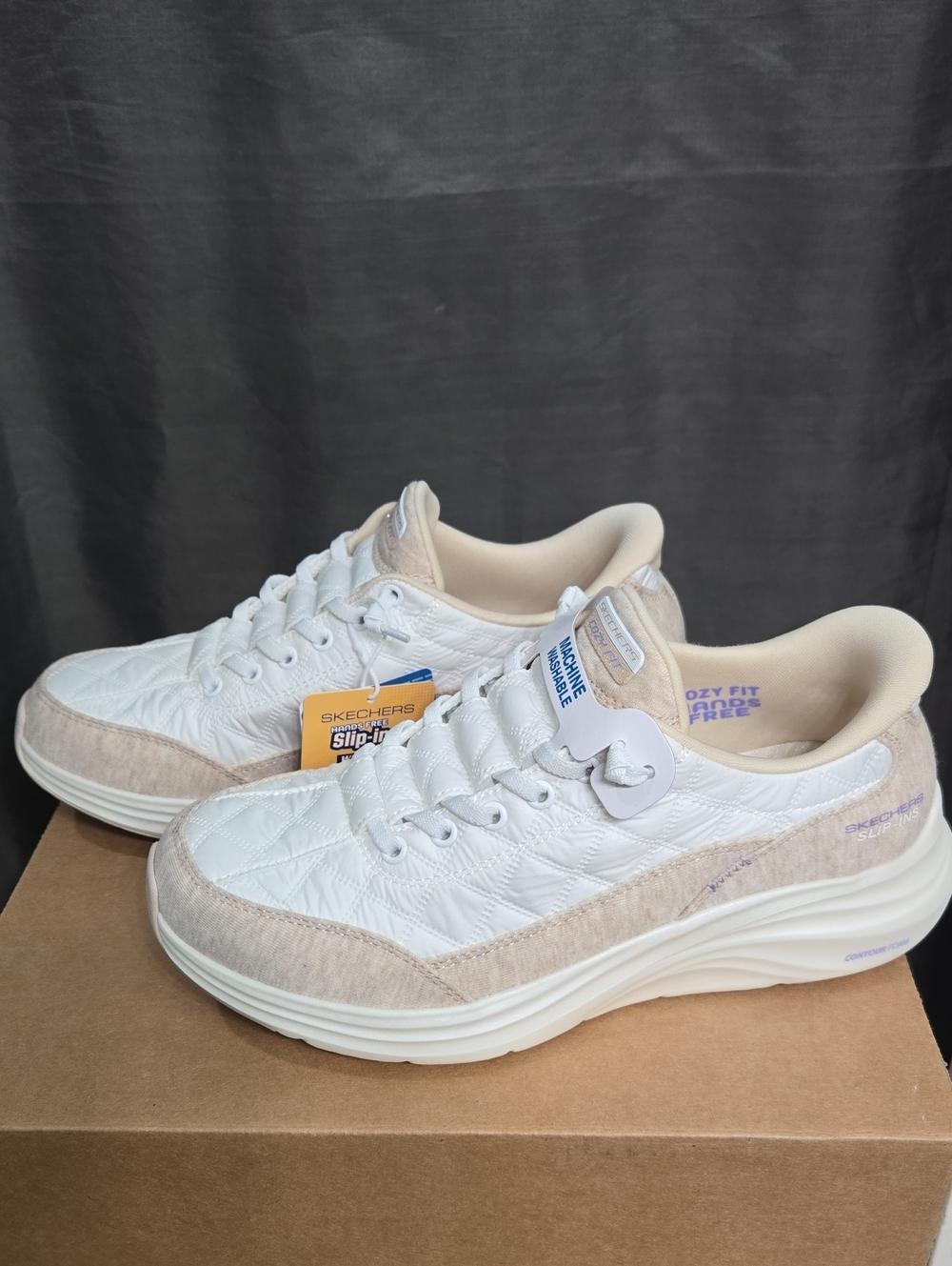 Skechers Women’s White Quilted Sneakers with Beige Suede Trim